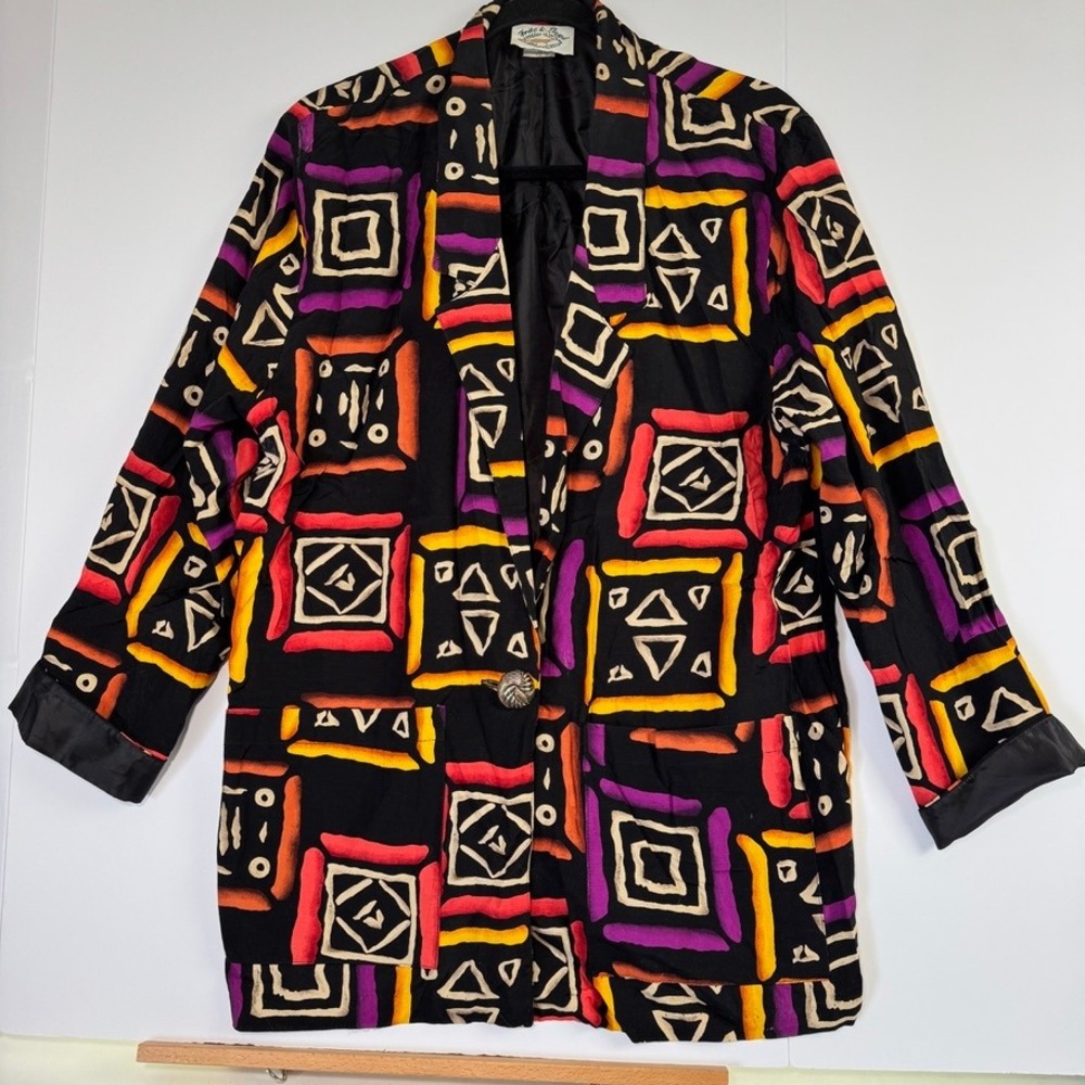 Vintage Fritz & Lloyd Abstract Geometric Rayon Blazer Black Size 12 USA 80s